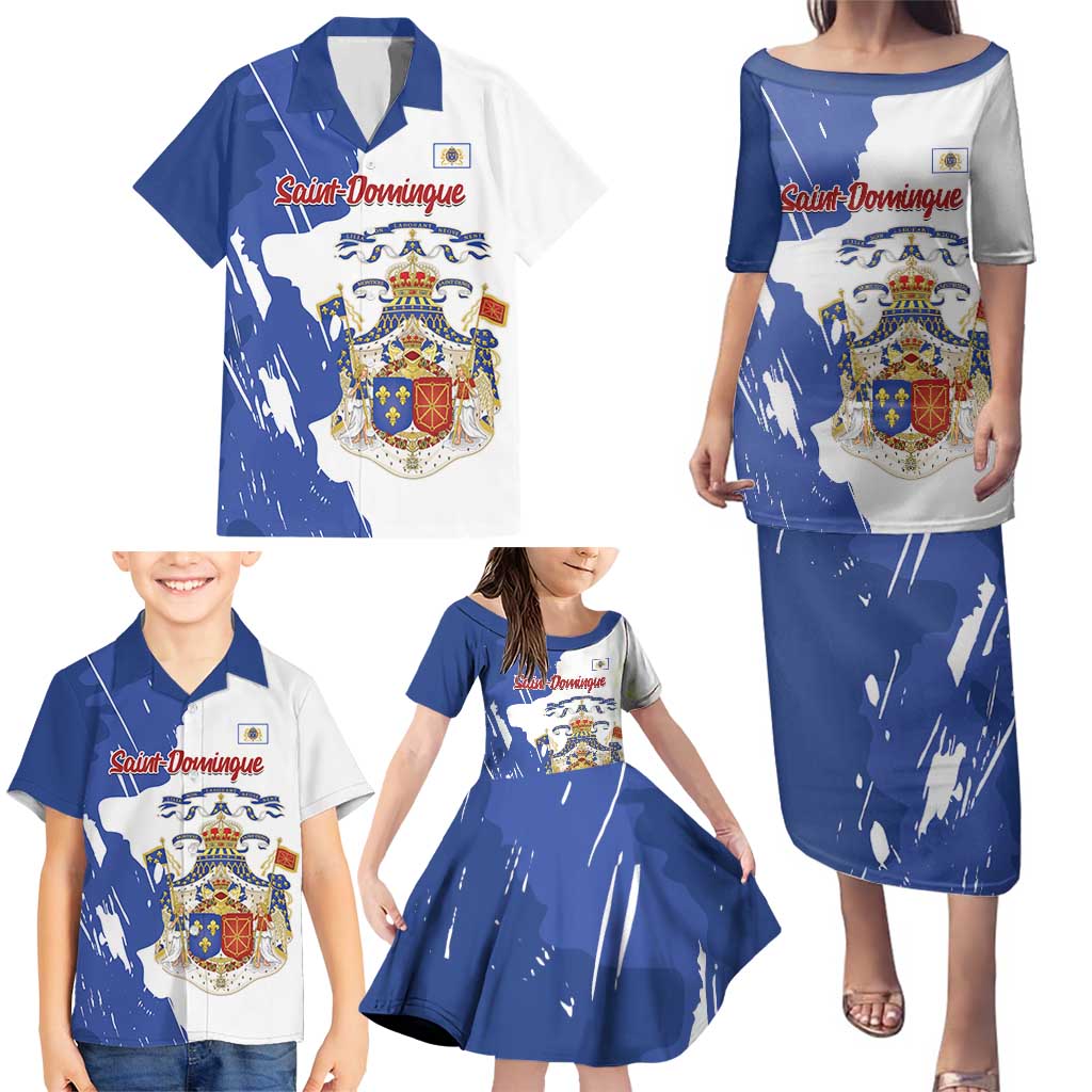 Personalised Saint-Domingue Family Matching Puletasi and Hawaiian Shirt Coat Of Arms Grunge Style