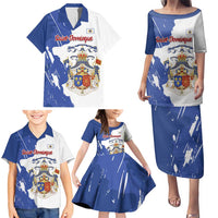 Personalised Saint-Domingue Family Matching Puletasi and Hawaiian Shirt Coat Of Arms Grunge Style