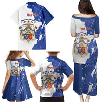 Personalised Saint-Domingue Family Matching Puletasi and Hawaiian Shirt Coat Of Arms Grunge Style