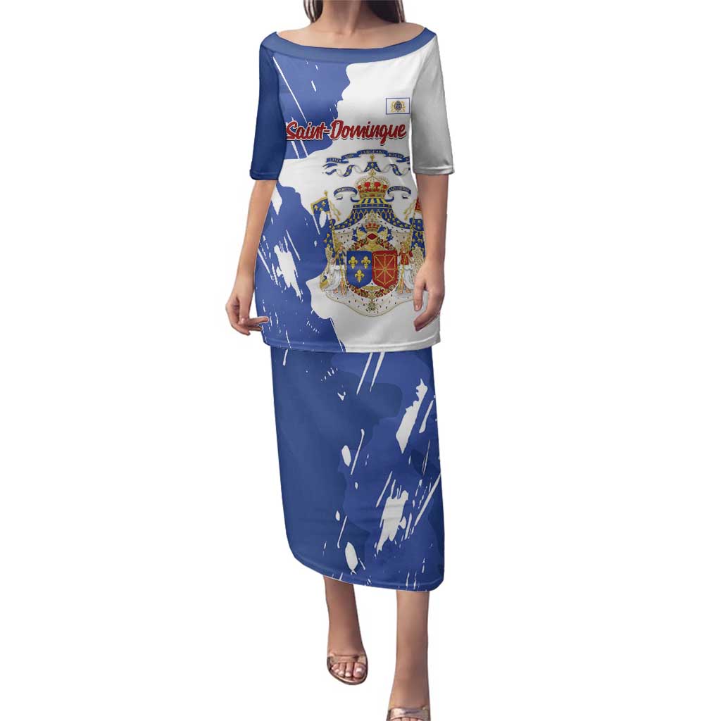 Personalised Saint-Domingue Family Matching Puletasi and Hawaiian Shirt Coat Of Arms Grunge Style
