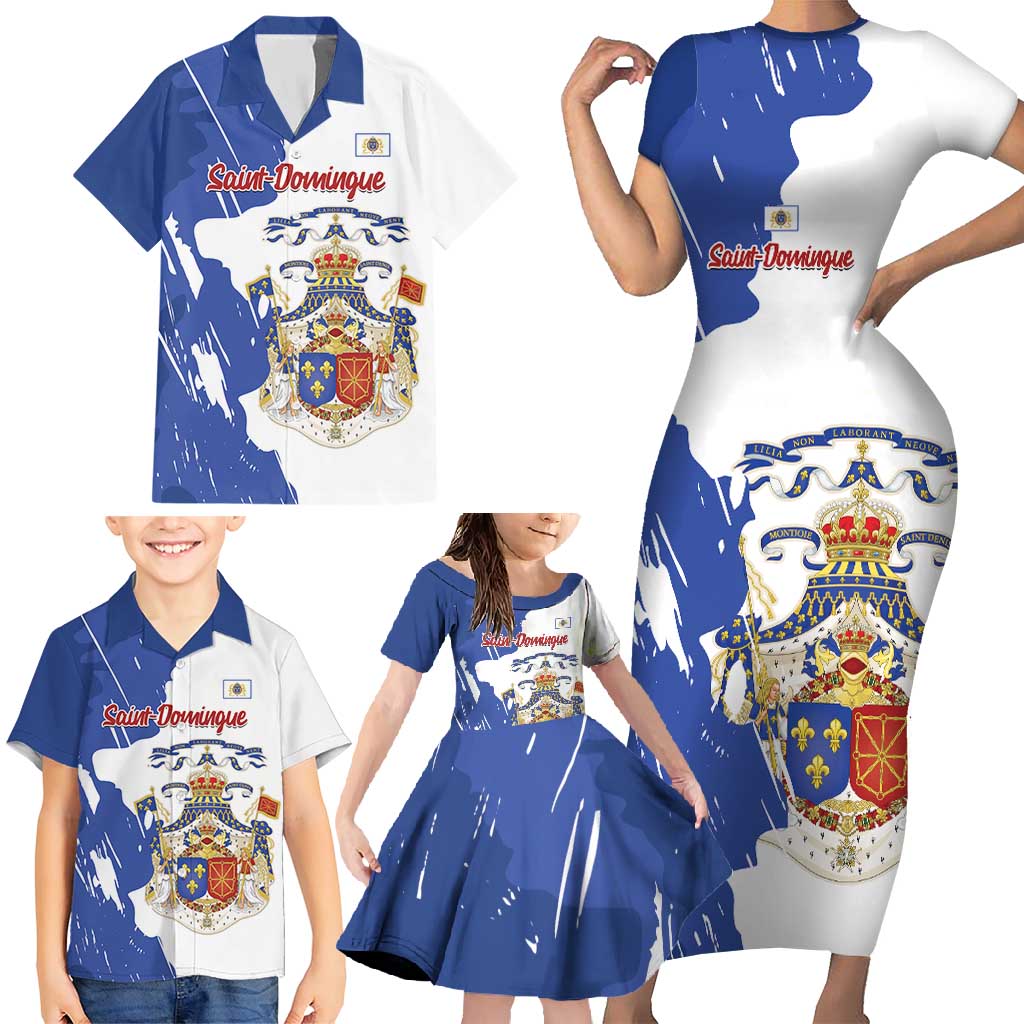 Personalised Saint-Domingue Family Matching Short Sleeve Bodycon Dress and Hawaiian Shirt Coat Of Arms Grunge Style