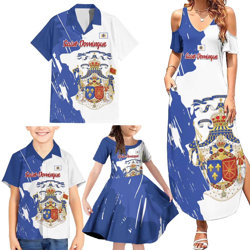 Personalised Saint-Domingue Family Matching Summer Maxi Dress and Hawaiian Shirt Coat Of Arms Grunge Style