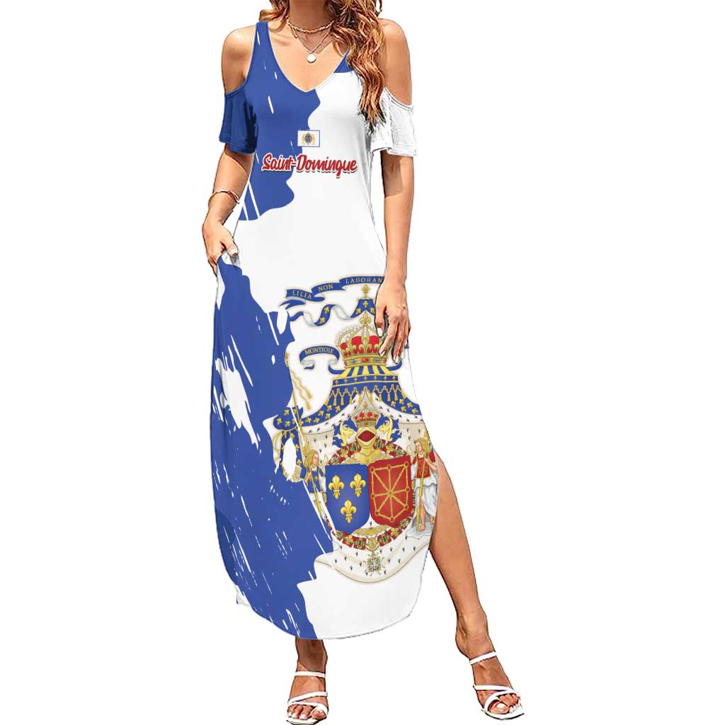 Personalised Saint-Domingue Family Matching Summer Maxi Dress and Hawaiian Shirt Coat Of Arms Grunge Style