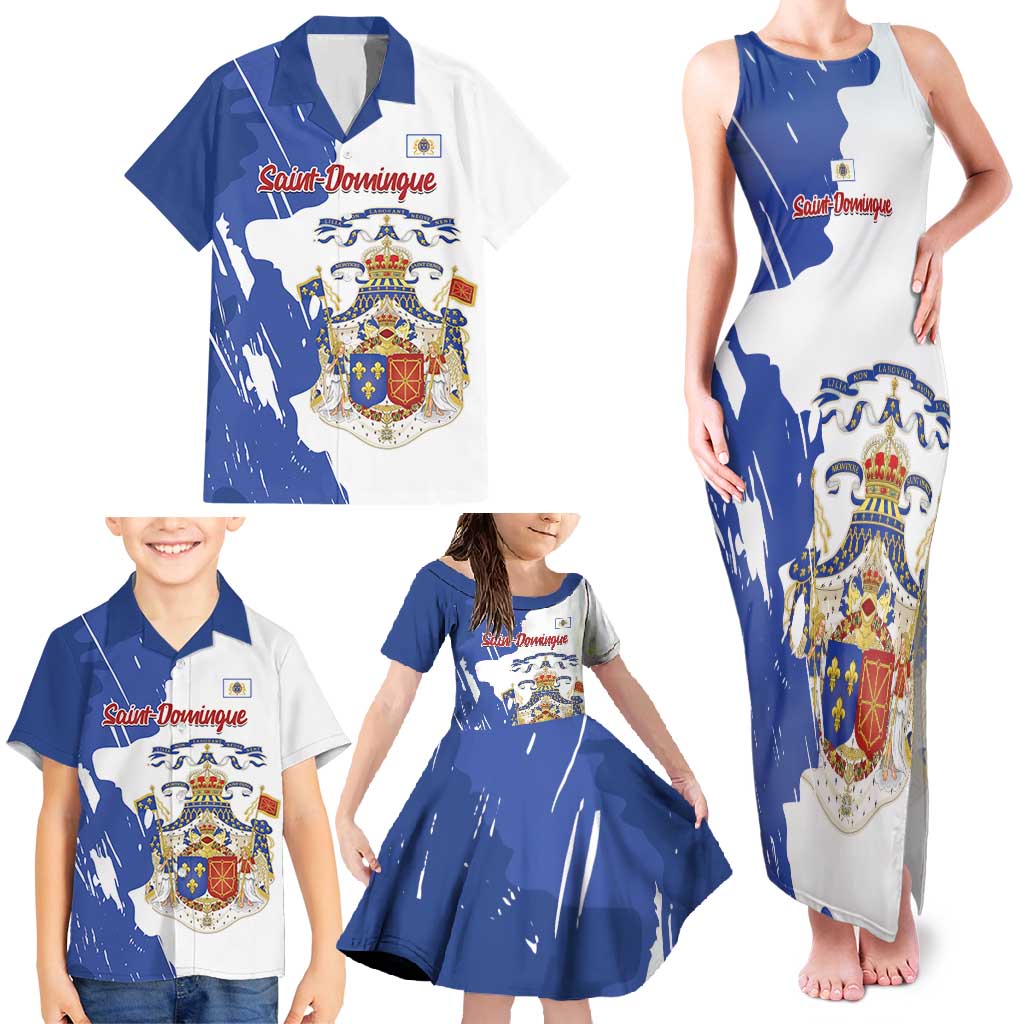 Personalised Saint-Domingue Family Matching Tank Maxi Dress and Hawaiian Shirt Coat Of Arms Grunge Style