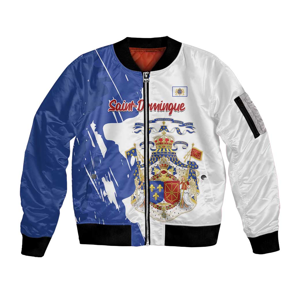 Personalised Saint-Domingue Sleeve Zip Bomber Jacket Coat Of Arms Grunge Style