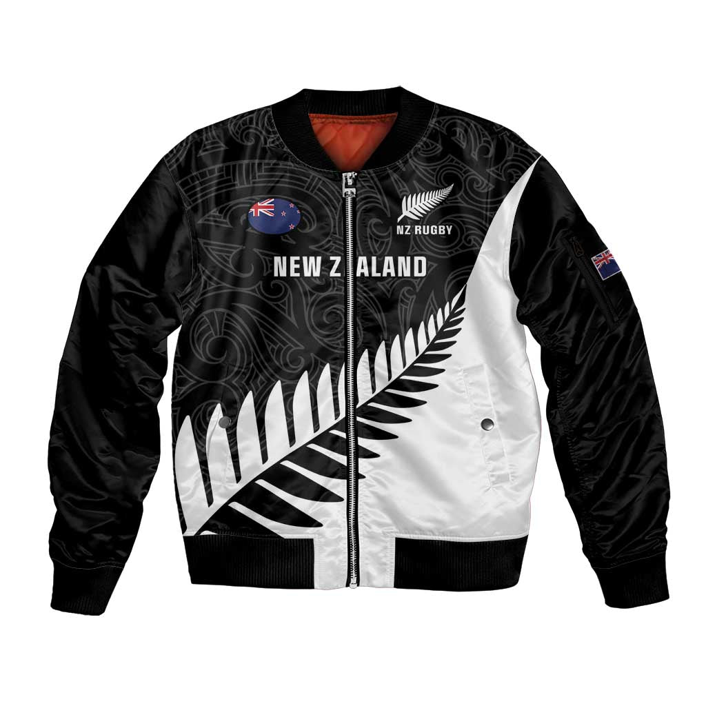 New Zealand Silver Fern Rugby Sleeve Zip Bomber Jacket All Black Go Champions Maori Pattern LT14