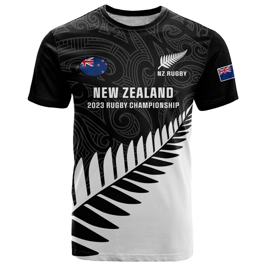 personalised-new-zealand-silver-fern-rugby-t-shirt-all-black-2023-go-champions-maori-pattern