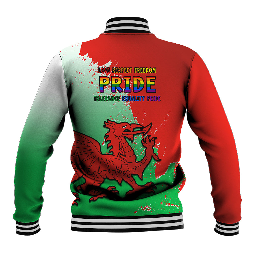 Back view red and green baseball jacket with dragon pride emblem, striped collar and cuffs