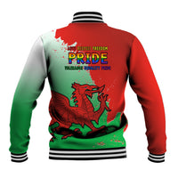 Back view red and green baseball jacket with dragon pride emblem, striped collar and cuffs