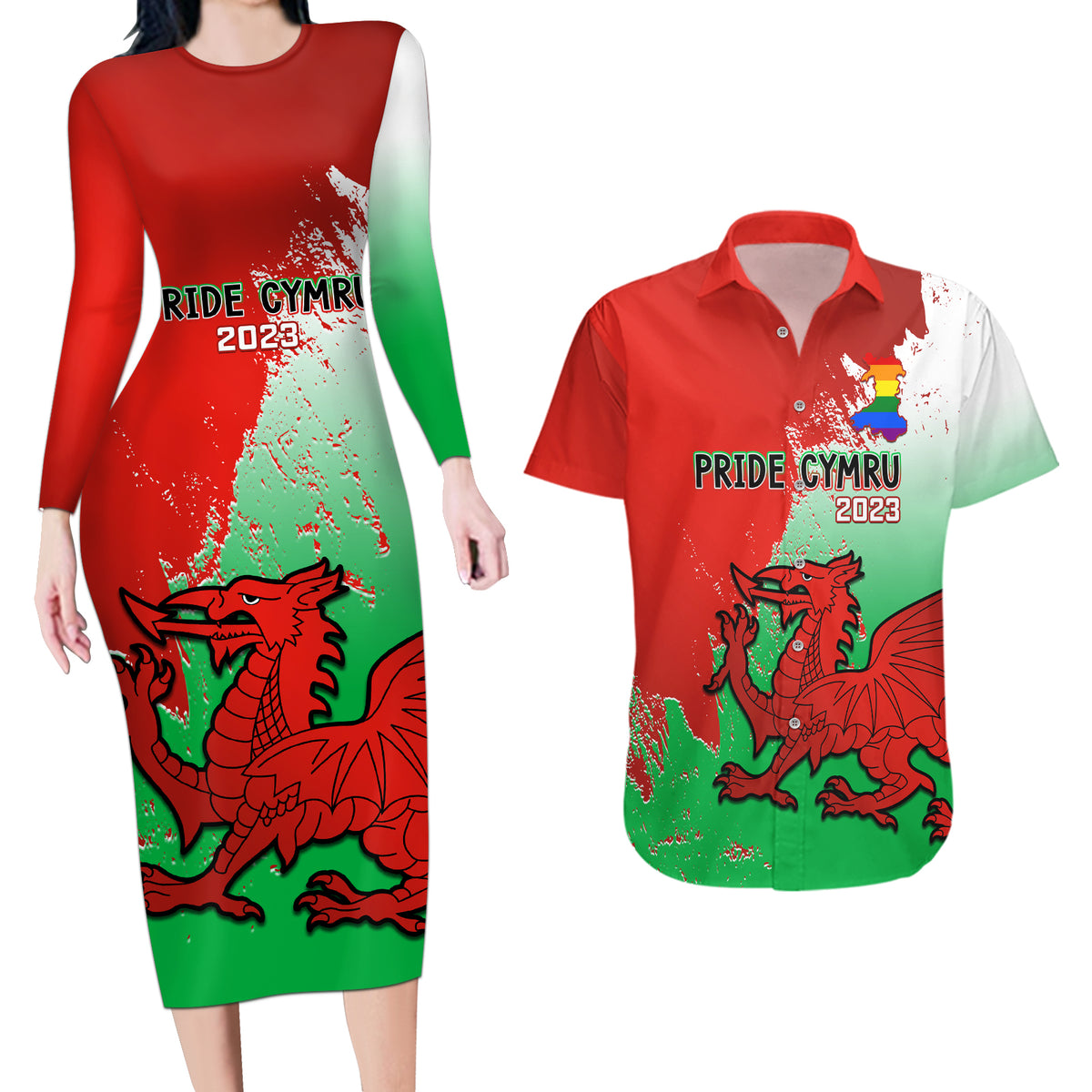 Pride Cymru Couples Matching Long Sleeve Bodycon Dress and Hawaiian Shirt 2023 Wales LGBT With Welsh Red Dragon - Wonder Print Shop
