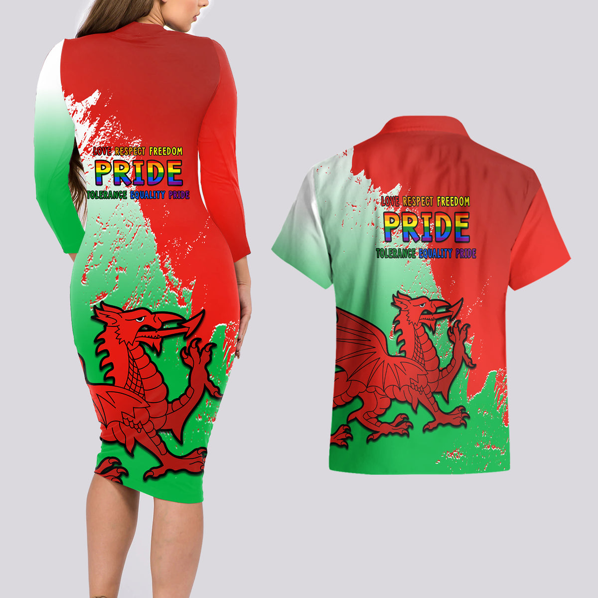 Red backless-look bodycon dress and matching red Hawaiian shirt with green dragon print