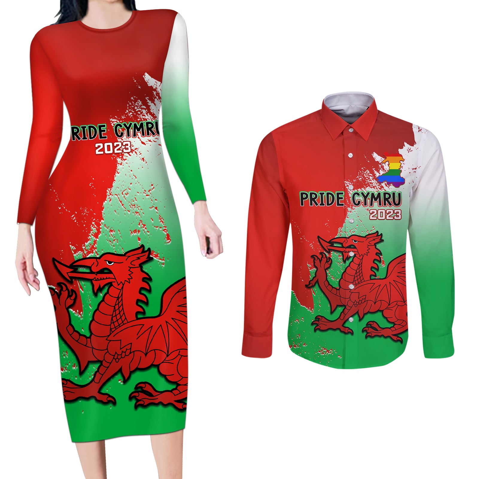 Pride Cymru Couples Matching Long Sleeve Bodycon Dress and Long Sleeve Button Shirts 2023 Wales LGBT With Welsh Red Dragon - Wonder Print Shop