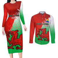 Red long-sleeve bodycon dress and red button shirt with Pride Cymru dragon print