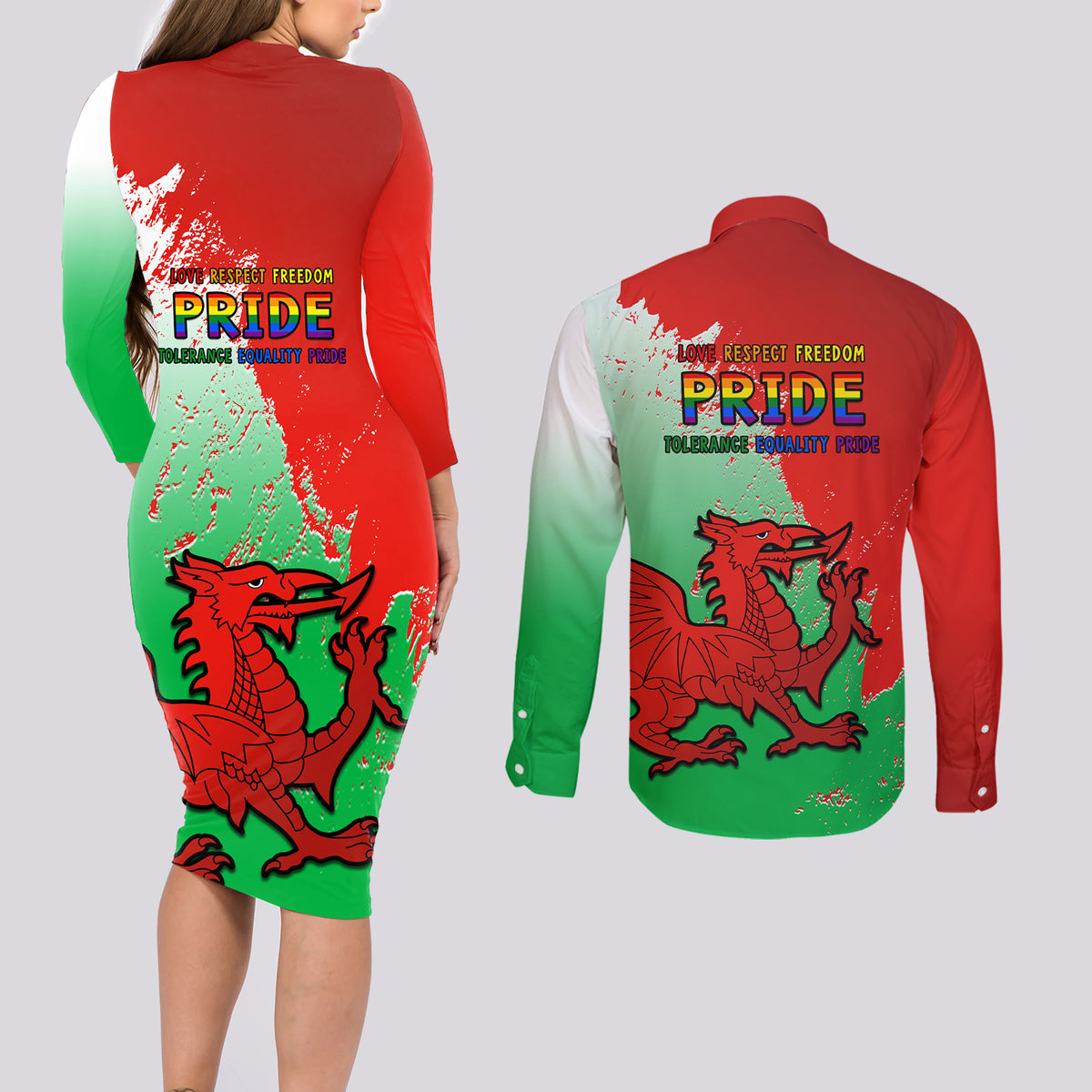 Red long-sleeve bodycon dress and red button shirt with back Pride Cymru dragon print