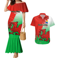 Matching mermaid dress & Hawaiian shirt set: red off-shoulder, green dragon print
