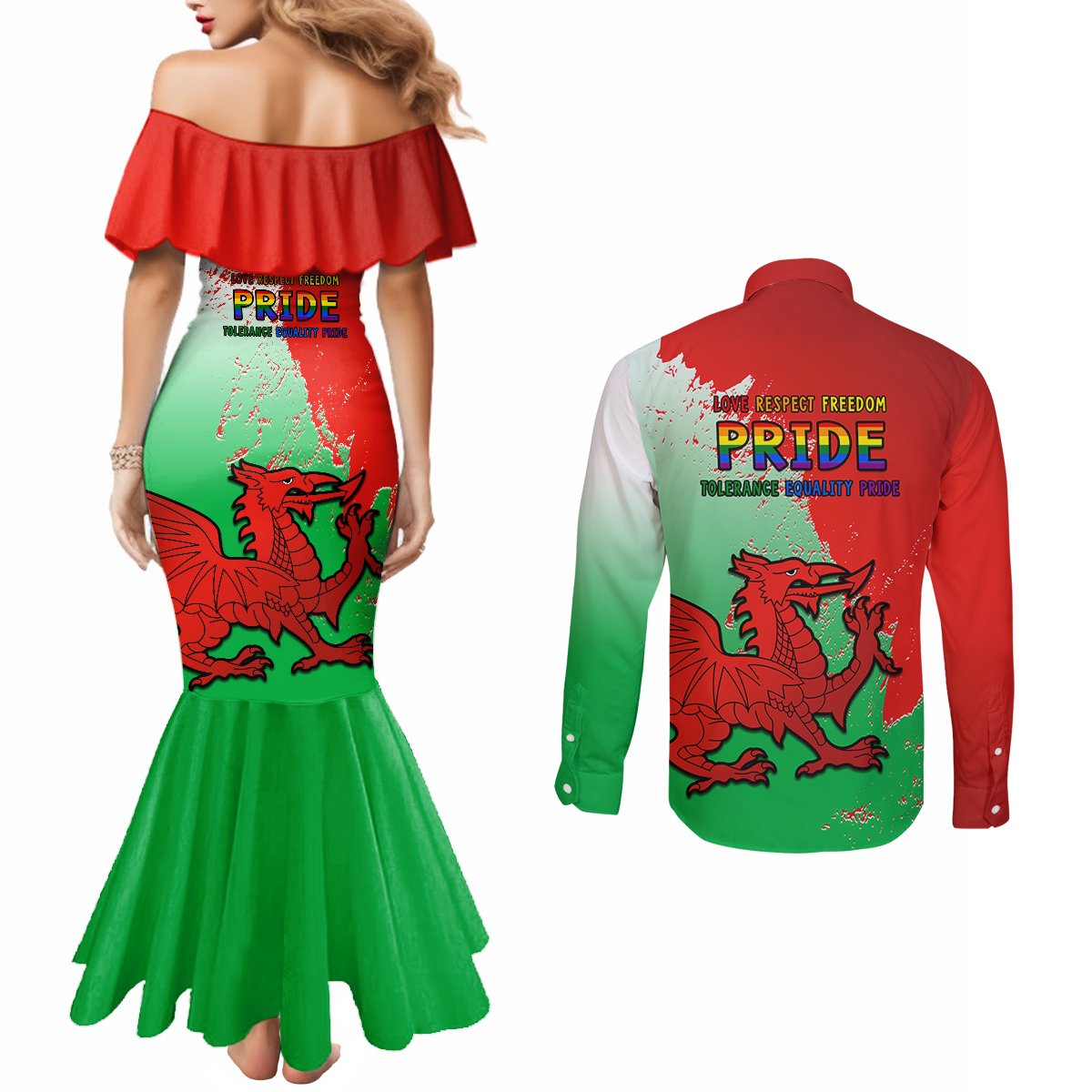Back view couples set: red and green mermaid dress and button shirt with dragon pride print