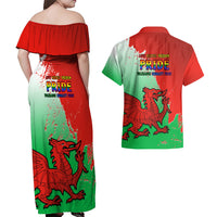 Matching off-shoulder maxi dress & Hawaiian shirt, back view, red/green dragon print