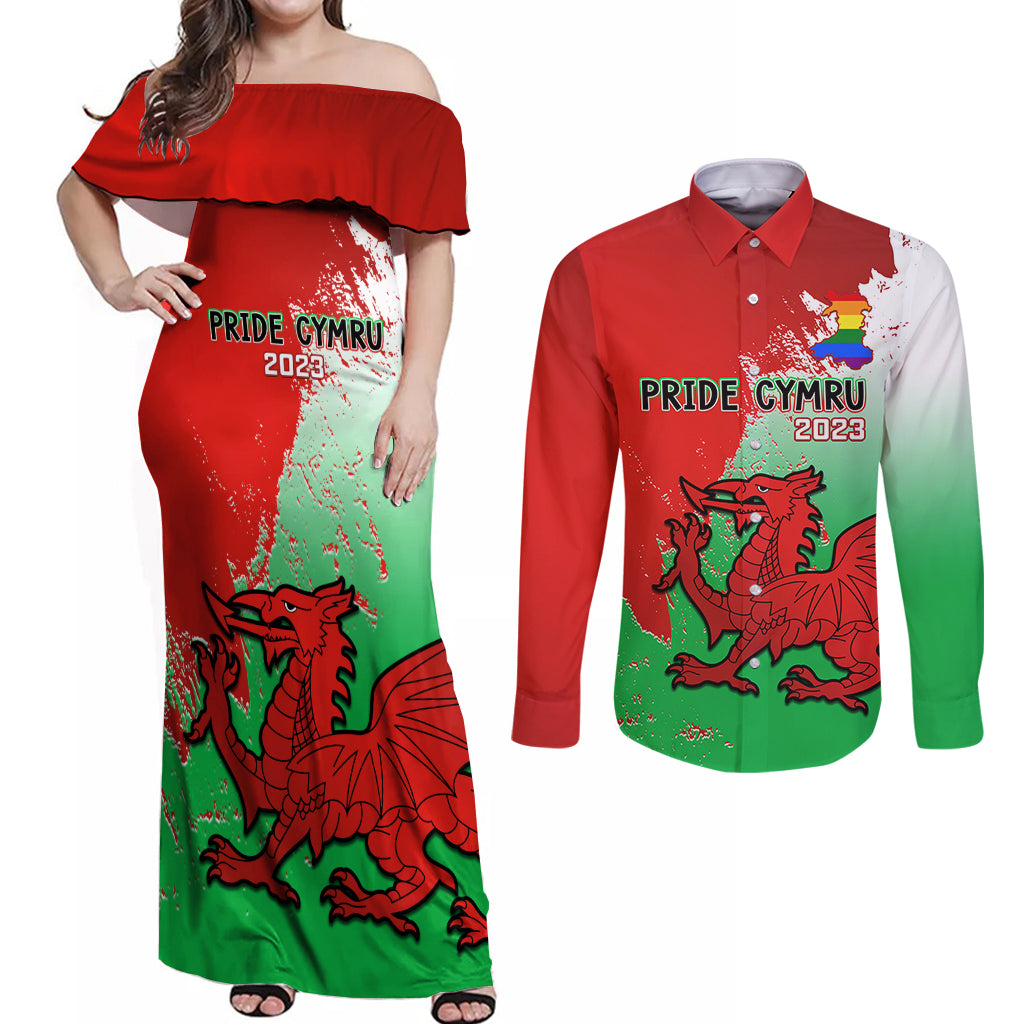 Pride Cymru Couples Matching Off Shoulder Maxi Dress and Long Sleeve Button Shirts 2023 Wales LGBT With Welsh Red Dragon - Wonder Print Shop
