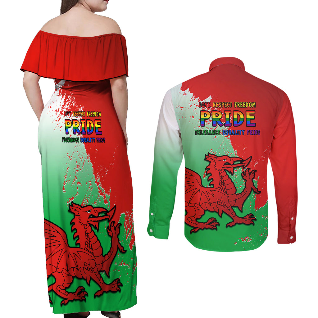 Pride Cymru Couples Matching Off Shoulder Maxi Dress and Long Sleeve Button Shirts 2023 Wales LGBT With Welsh Red Dragon - Wonder Print Shop