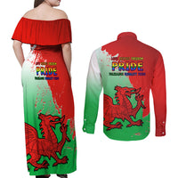 Pride Cymru Couples Matching Off Shoulder Maxi Dress and Long Sleeve Button Shirts 2023 Wales LGBT With Welsh Red Dragon - Wonder Print Shop