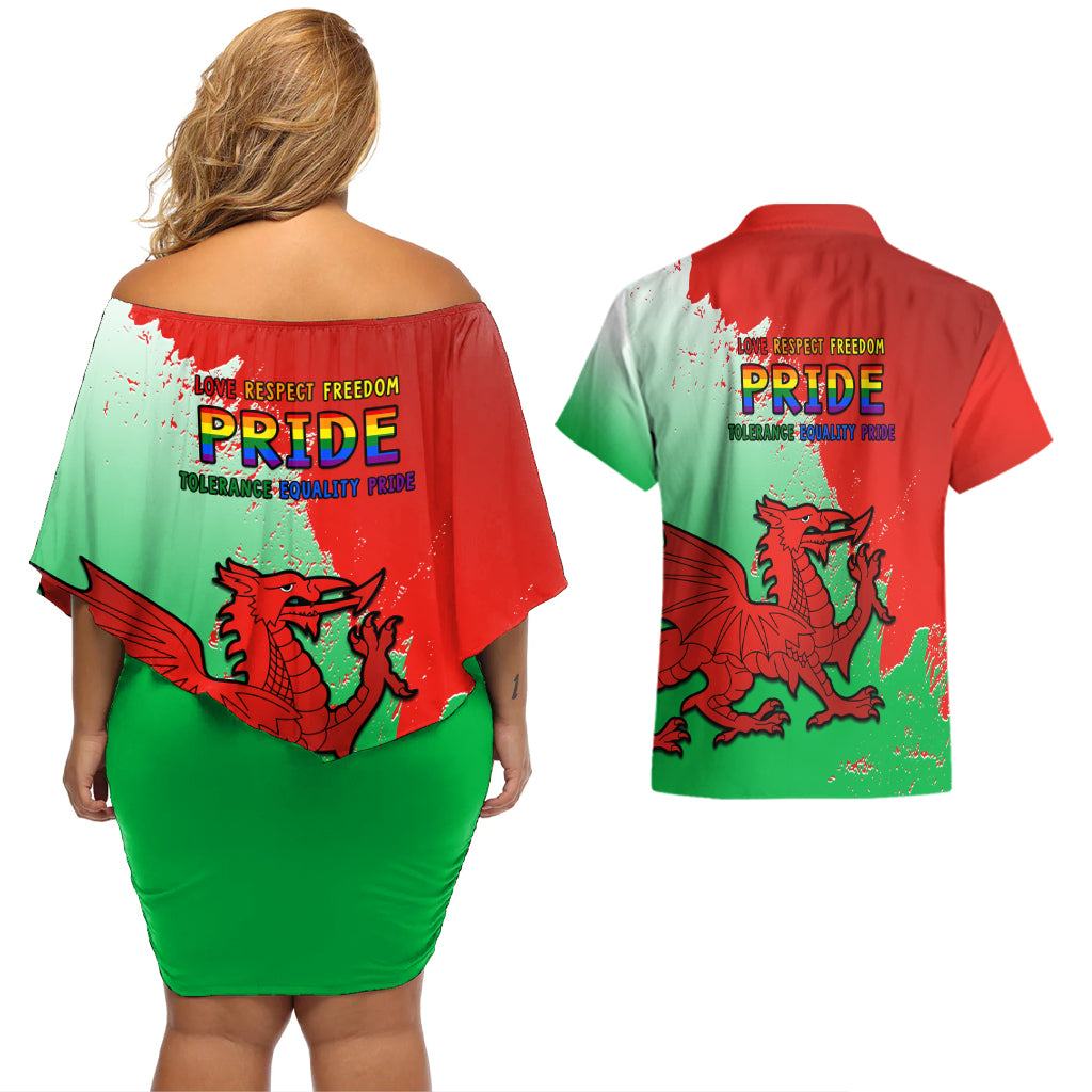 Off-shoulder short dress and Hawaiian shirt set with Pride Cymru 2023 dragon graphic on back