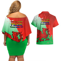 Off-shoulder short dress and Hawaiian shirt set with Pride Cymru 2023 dragon graphic on back