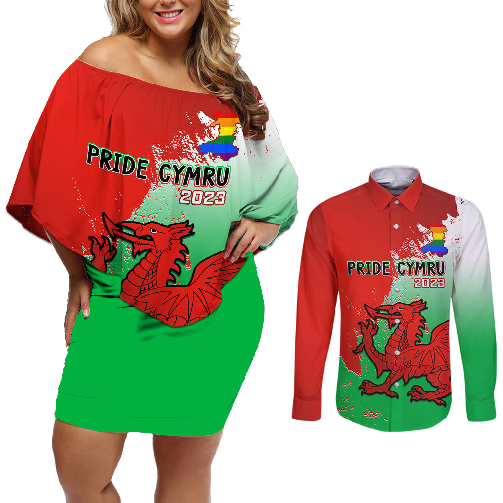 Pride Cymru Couples Matching Off Shoulder Short Dress and Long Sleeve Button Shirts 2023 Wales LGBT With Welsh Red Dragon - Wonder Print Shop