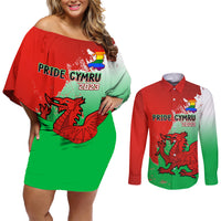 Off-shoulder short dress in red and green with Pride Cymru 2023 dragon print