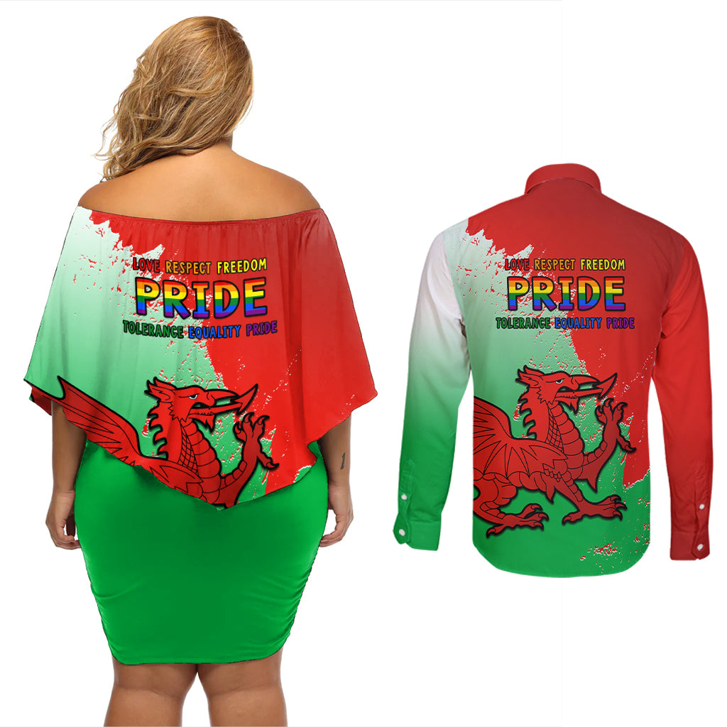 Back view matching off-shoulder dress and long-sleeve shirt with Pride Cymru 2023 dragon print