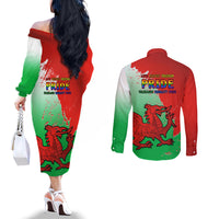 Back view couples dress and shirt set, red/green dragon graphic on long sleeves