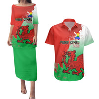 Matching couples puletasi dress and Hawaiian shirt, red-and-green gradient with dragon print