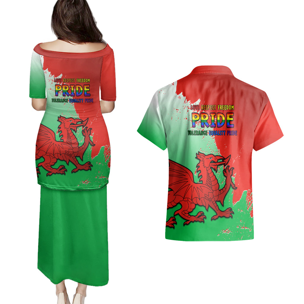 Back view of matching puletasi dress and Hawaiian shirt, red-and-green with dragon graphic