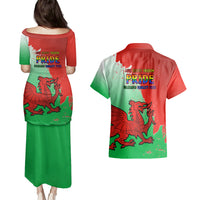 Back view of matching puletasi dress and Hawaiian shirt, red-and-green with dragon graphic