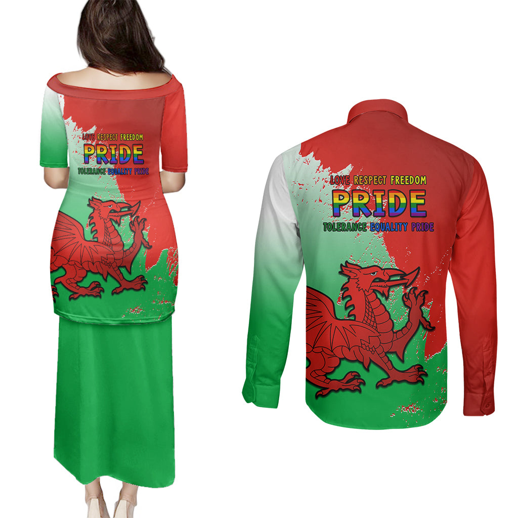 Back view of red and green dress and long-sleeve button shirt with dragon print