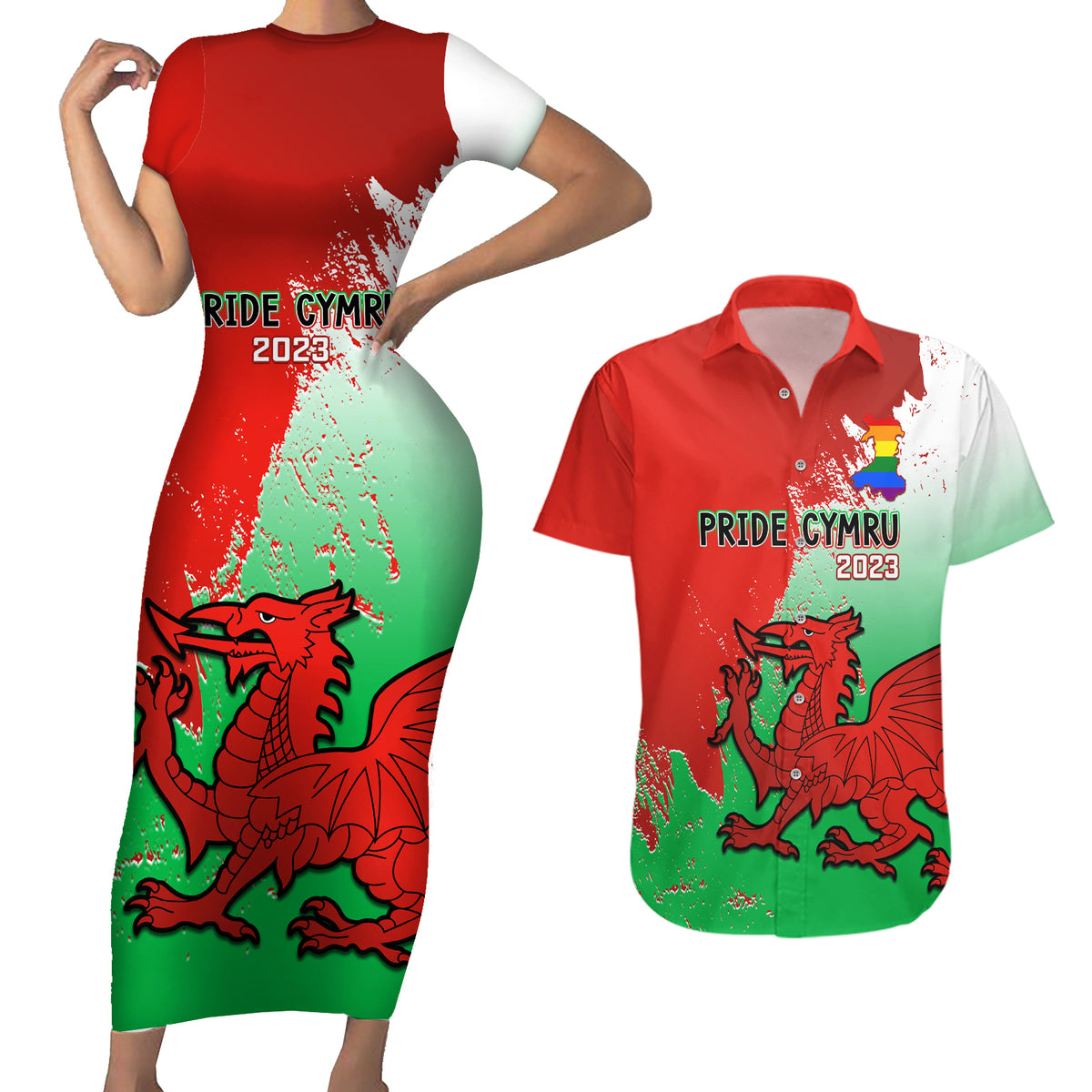 Pride Cymru Couples Matching Short Sleeve Bodycon Dress and Hawaiian Shirt 2023 Wales LGBT With Welsh Red Dragon - Wonder Print Shop