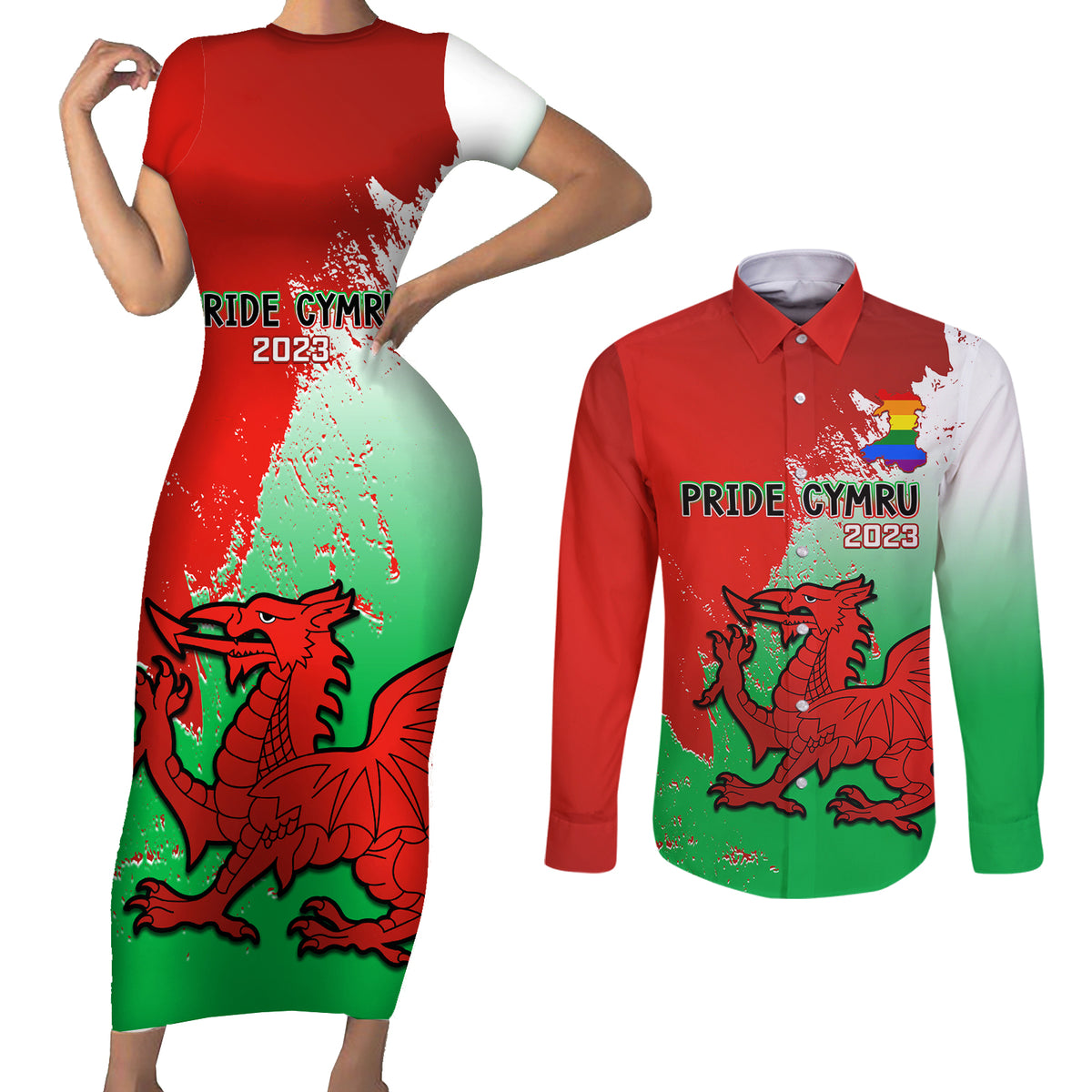 Pride Cymru Couples Matching Short Sleeve Bodycon Dress and Long Sleeve Button Shirts 2023 Wales LGBT With Welsh Red Dragon - Wonder Print Shop