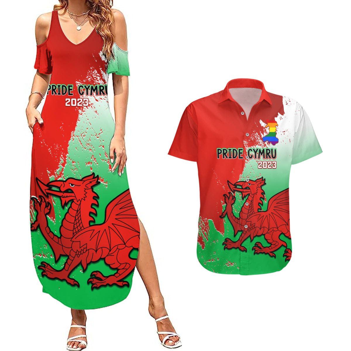 Pride Cymru Couples Matching Summer Maxi Dress and Hawaiian Shirt 2023 Wales LGBT With Welsh Red Dragon - Wonder Print Shop