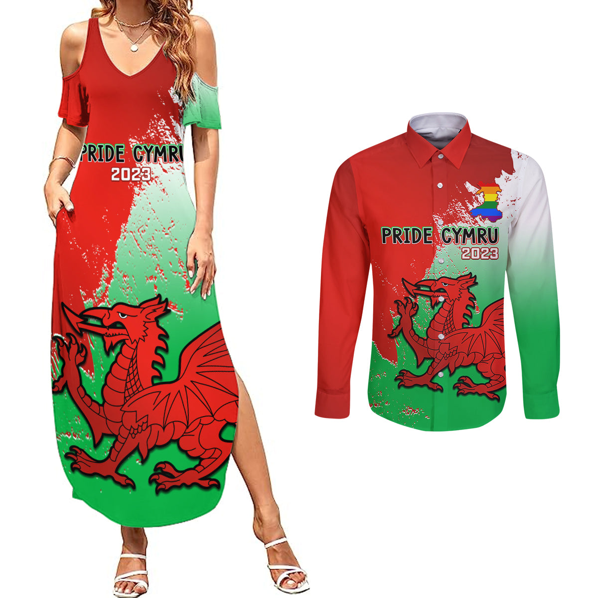 Pride Cymru Couples Matching Summer Maxi Dress and Long Sleeve Button Shirts 2023 Wales LGBT With Welsh Red Dragon - Wonder Print Shop