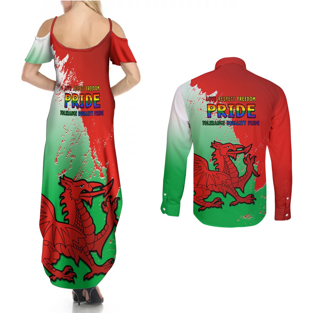 Cold-shoulder maxi dress, red-to-green gradient with dragon graphic and Pride text