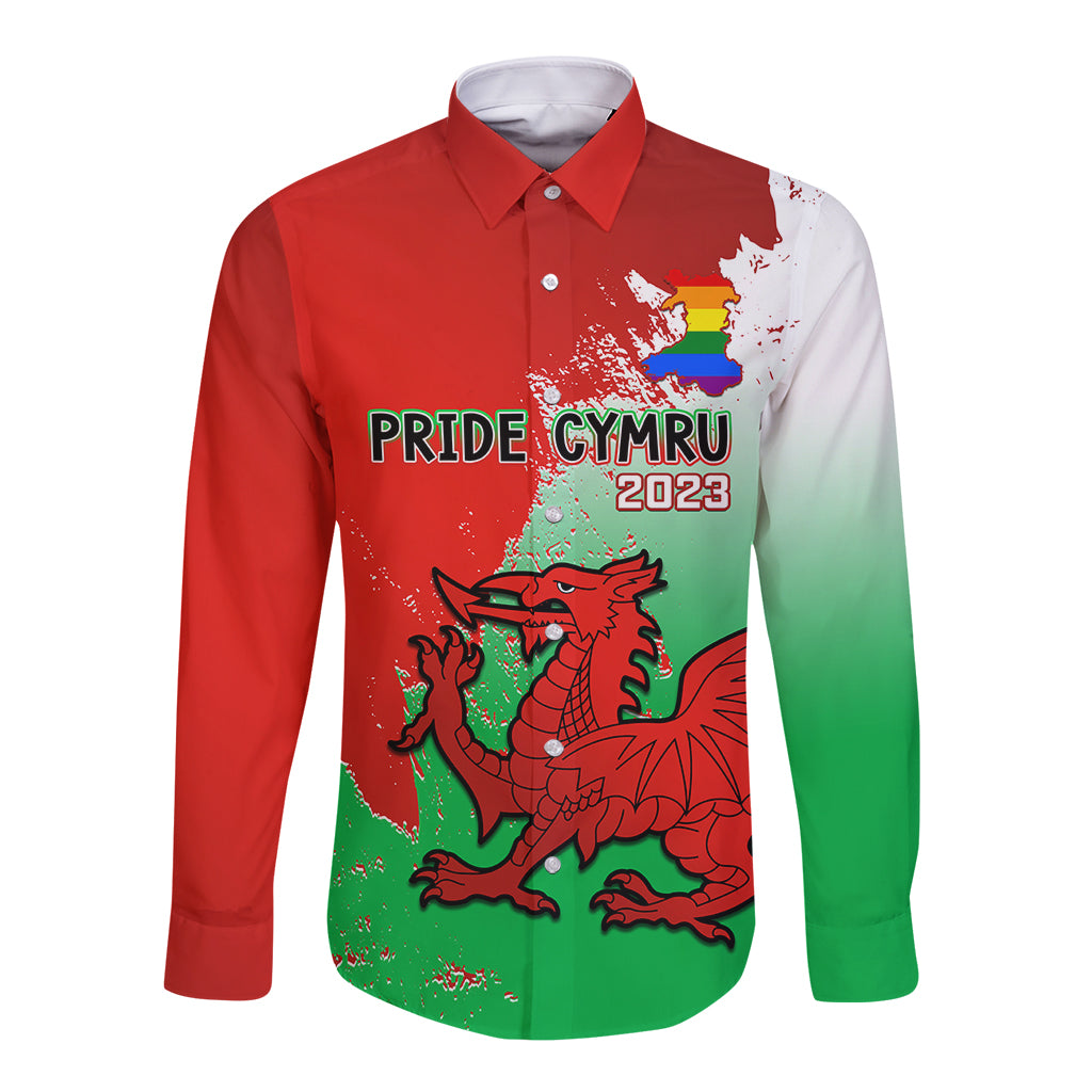 Pride Cymru Long Sleeve Button Shirt 2023 Wales LGBT With Welsh Red Dragon - Wonder Print Shop