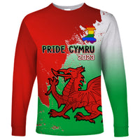 Red long-sleeve shirt with Pride Cymru 2023 graphic and dragon on front