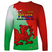 Red long-sleeve shirt back print with Pride text and Welsh dragon graphic