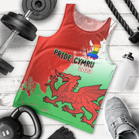Men's red Pride Cymru 2023 tank top with green dragon and rainbow graphic