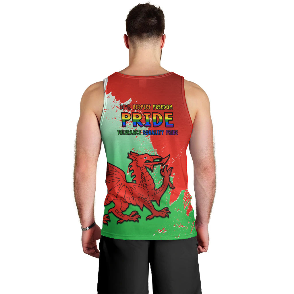 Men's red Pride Cymru 2023 tank top, back view with large Pride lettering
