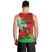 Men's red Pride Cymru 2023 tank top, back view with large Pride lettering