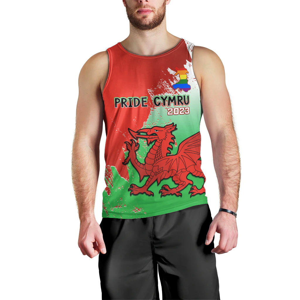 Men's red Pride Cymru 2023 tank top with front Pride logo and green dragon print