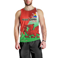 Men's red Pride Cymru 2023 tank top with front Pride logo and green dragon print