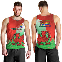 Men's red Pride Cymru 2023 tank top, front and back with dragon Pride graphics
