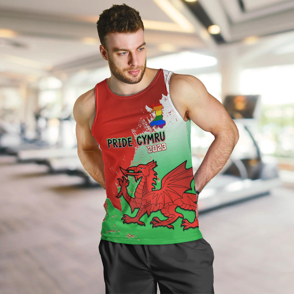 Men's red Pride Cymru 2023 tank top worn by model with front dragon and Pride text