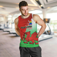 Men's red Pride Cymru 2023 tank top worn by model with front dragon and Pride text